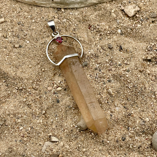 Citrine point (natural) + Garnet silver pendant