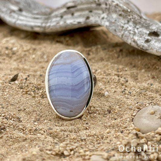 Blue Lace Agate (Chalcedony) silver ring size 59<br> <span style="font-weight:bold;">"Total tranquility"</span>